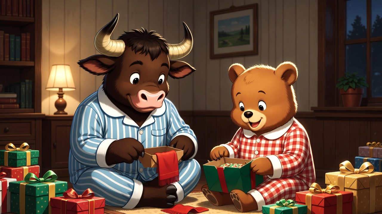 A bull and a bear opening presents. 