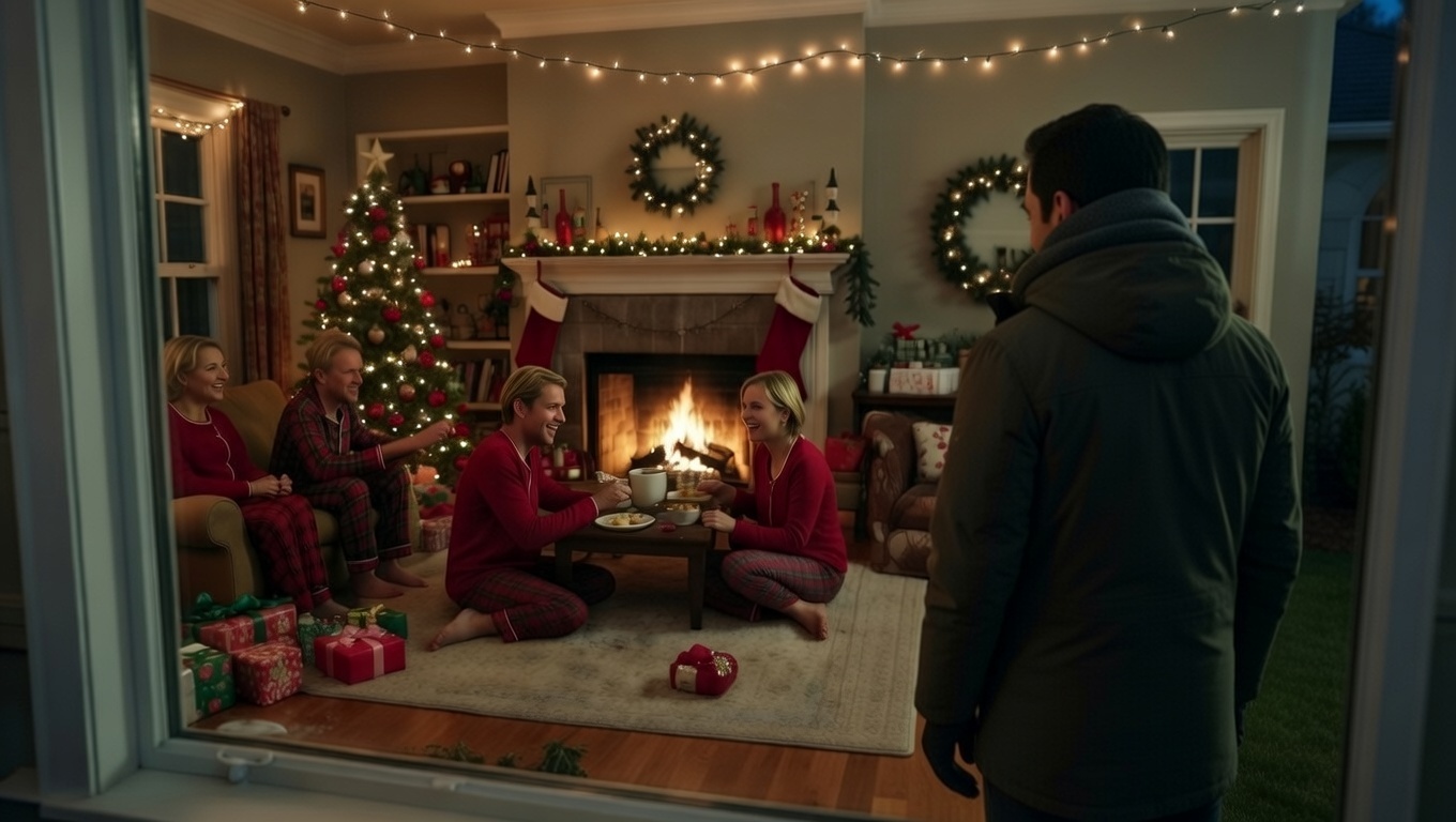 Vivek Ramaswamy looking in from outside the window as an American family celebrates Christmas.