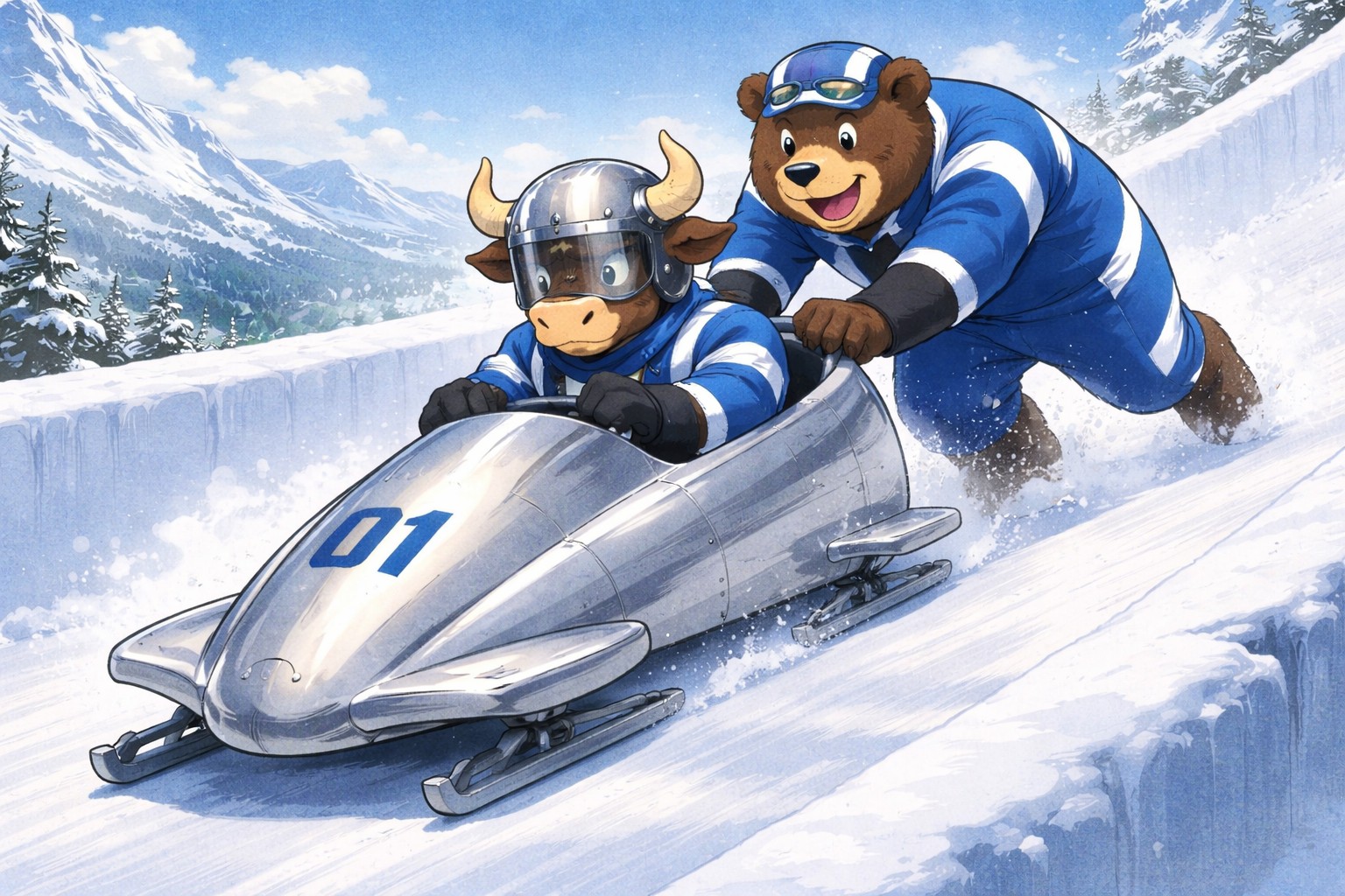 A bull and a bear bobsledding 