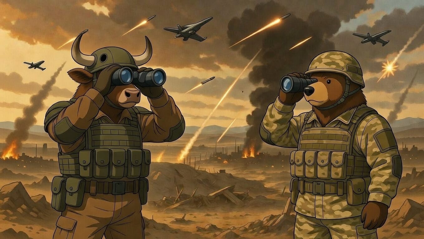 An anthropomorphic bull and bear observing the Iran War.