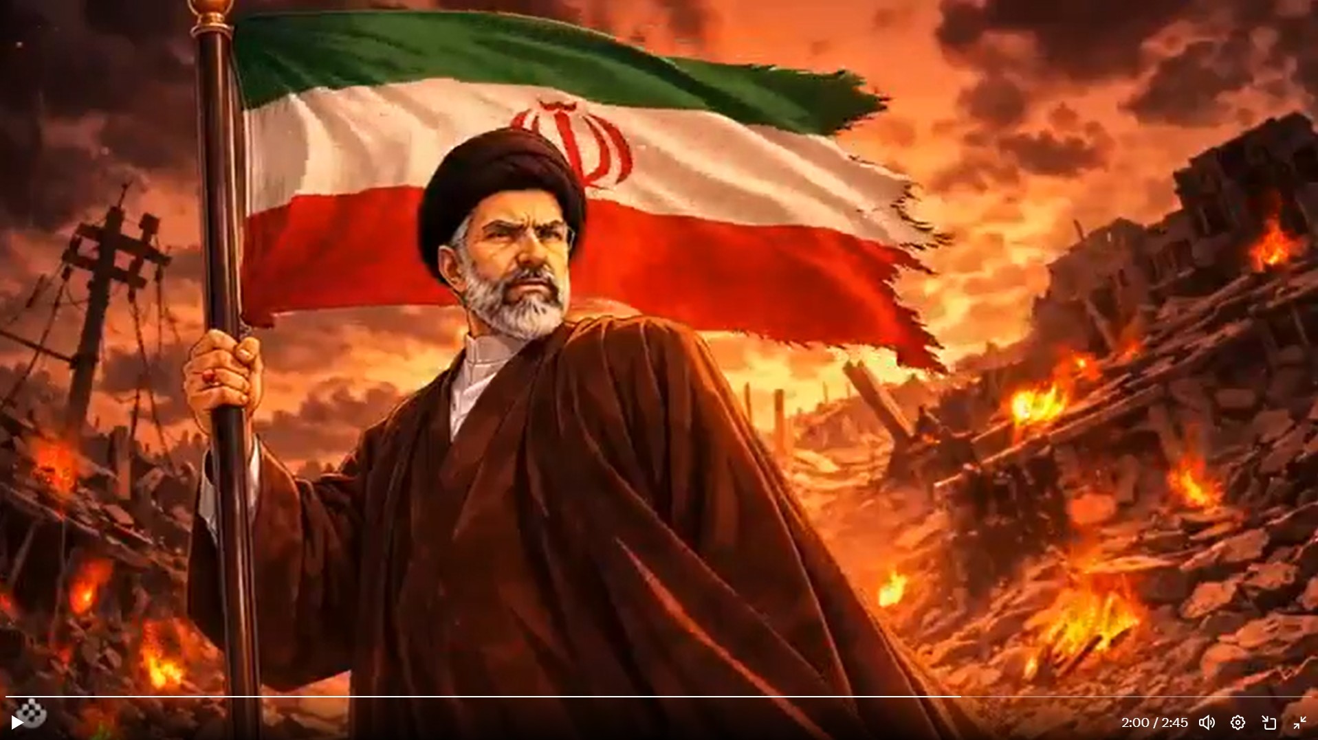 Screen capture from recent anime depicting Mojtaba Khamenei raising the Iranian flag after the his father was killed in a U.S.-Israeli air strike. 