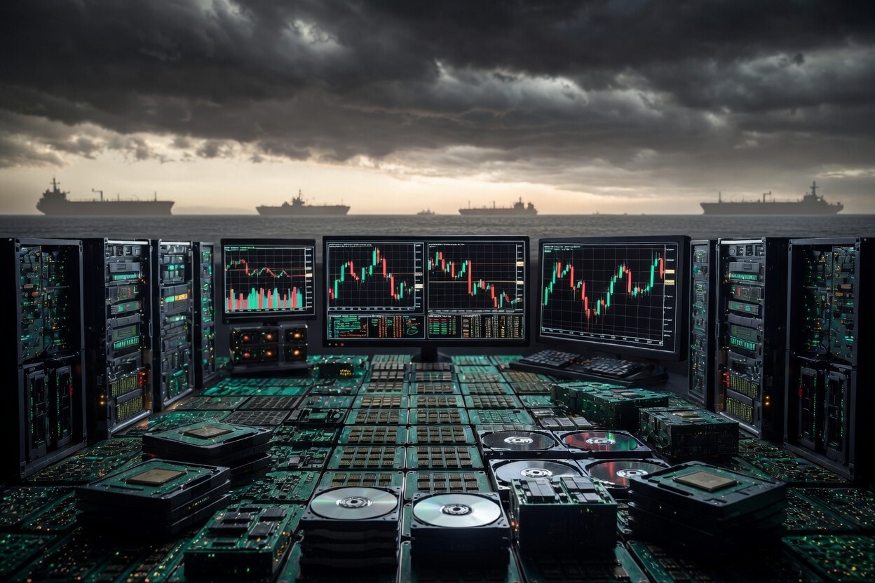 in the foreground, a dramatic but orderly semiconductor and data-storage scene—gleaming memory chips, server racks, and high-capacity hard drives—shown after a sharp market shakeout, with price-chart screens in the background flashing red but beginning to stabilize. Above that, a second layer of tension: faint geopolitical storm clouds and oil-tanker silhouettes on the horizon, suggesting war-related macro fear