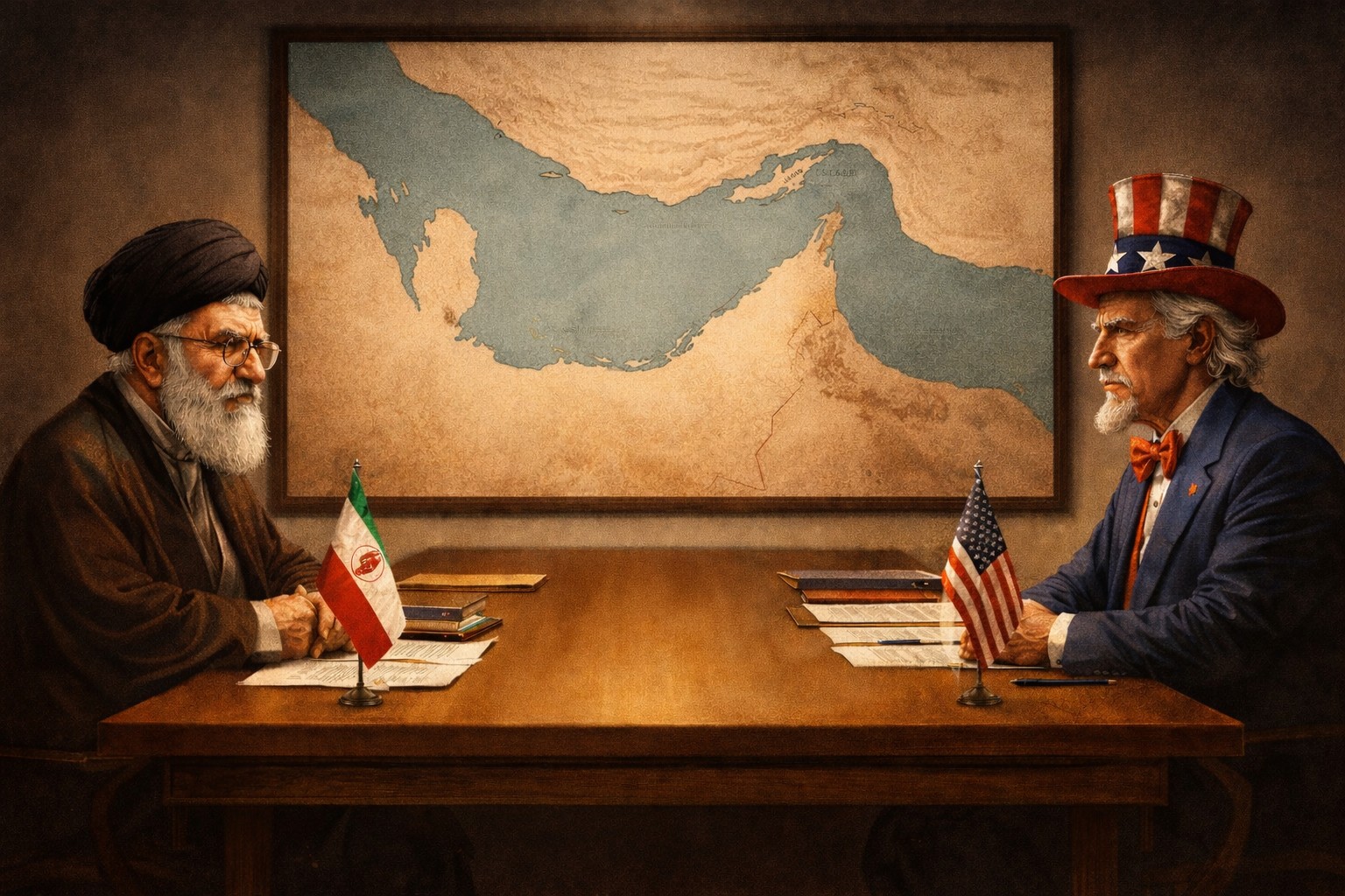 Uncle Sam negotiating with an Ayatollah