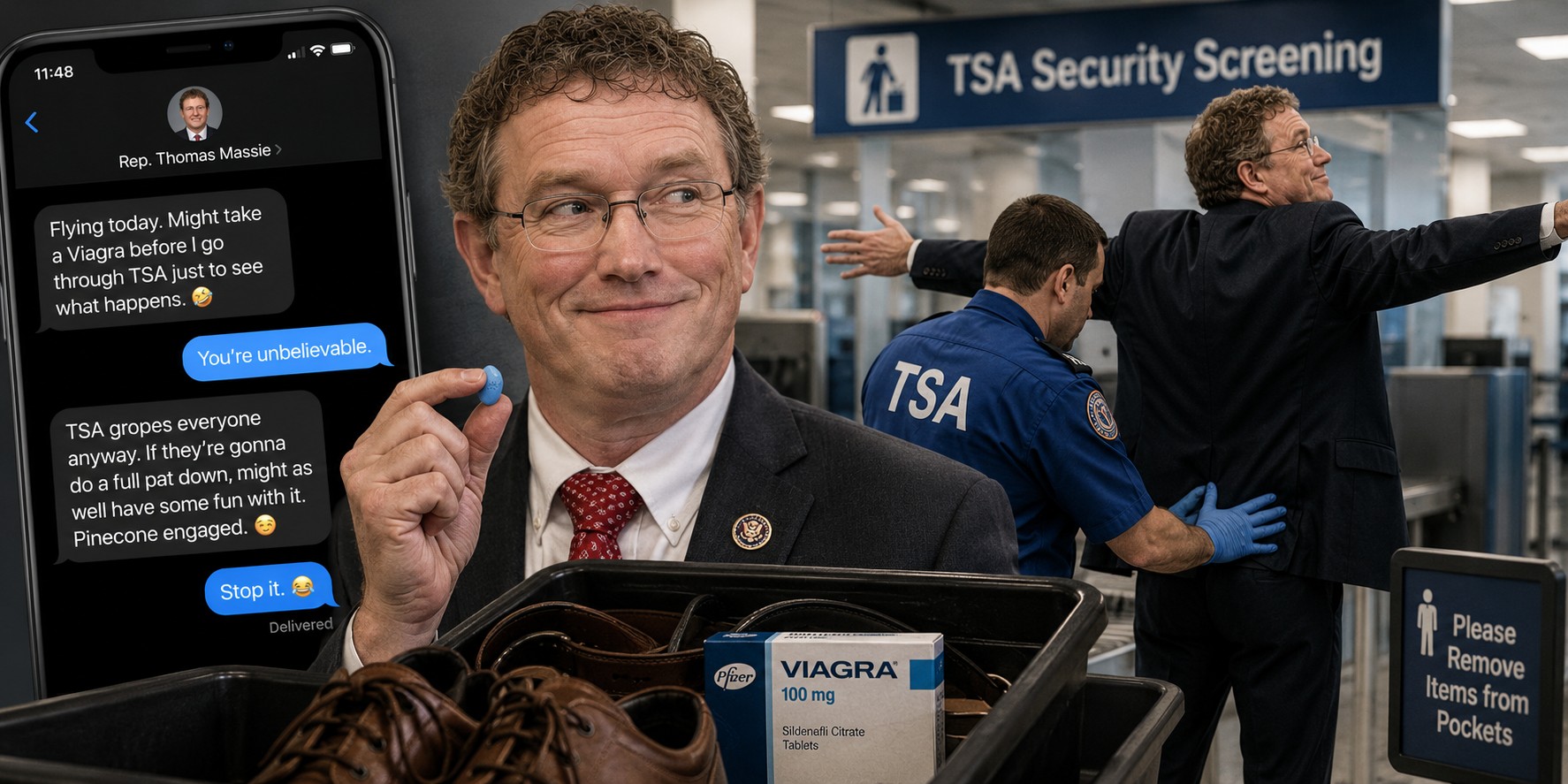 Illustration of Massie's leaked texts about taking Viagra before going through TSA frisking.
