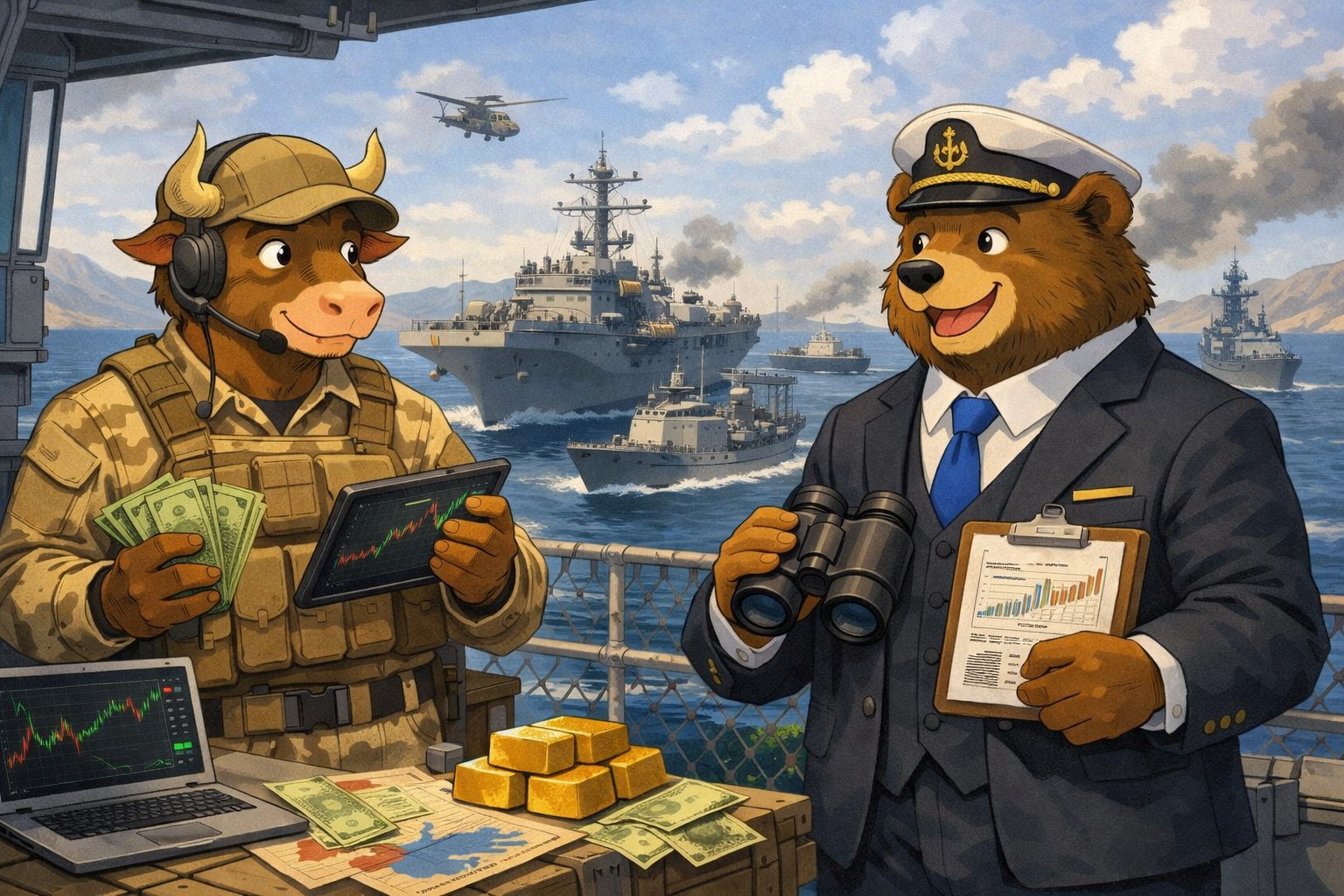 An anthropomorphic bull and bear profiting despite the naval blockade.