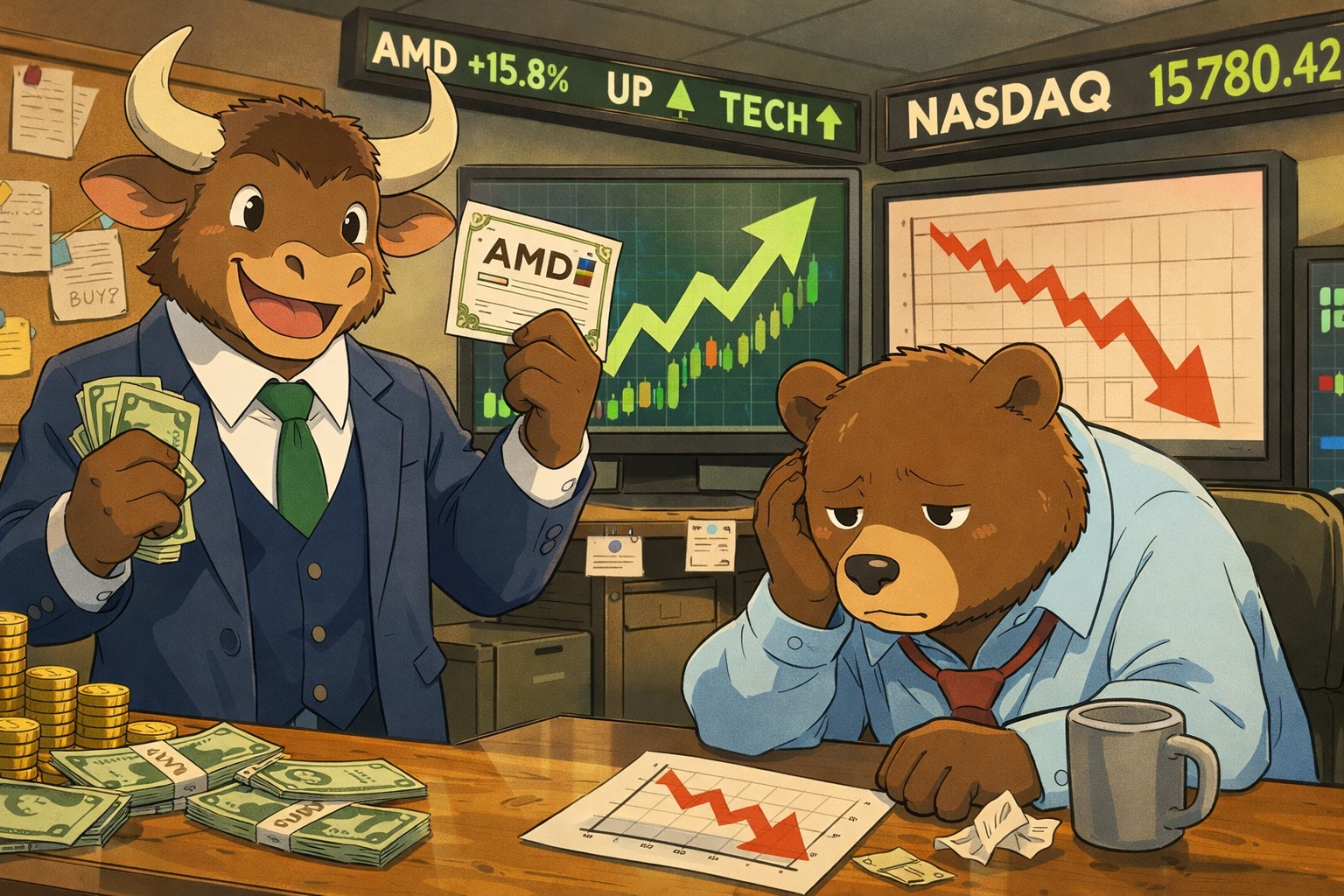 A bull celebrating his AMD trade with dejected bear. 
