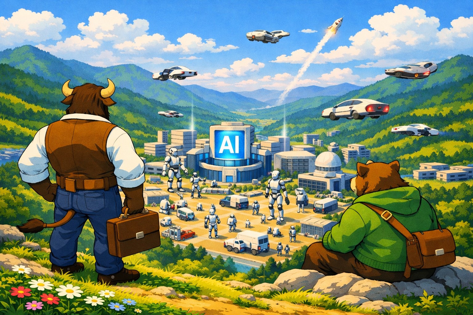 An anthropomorphic bull and bear survey the AI buildout. 