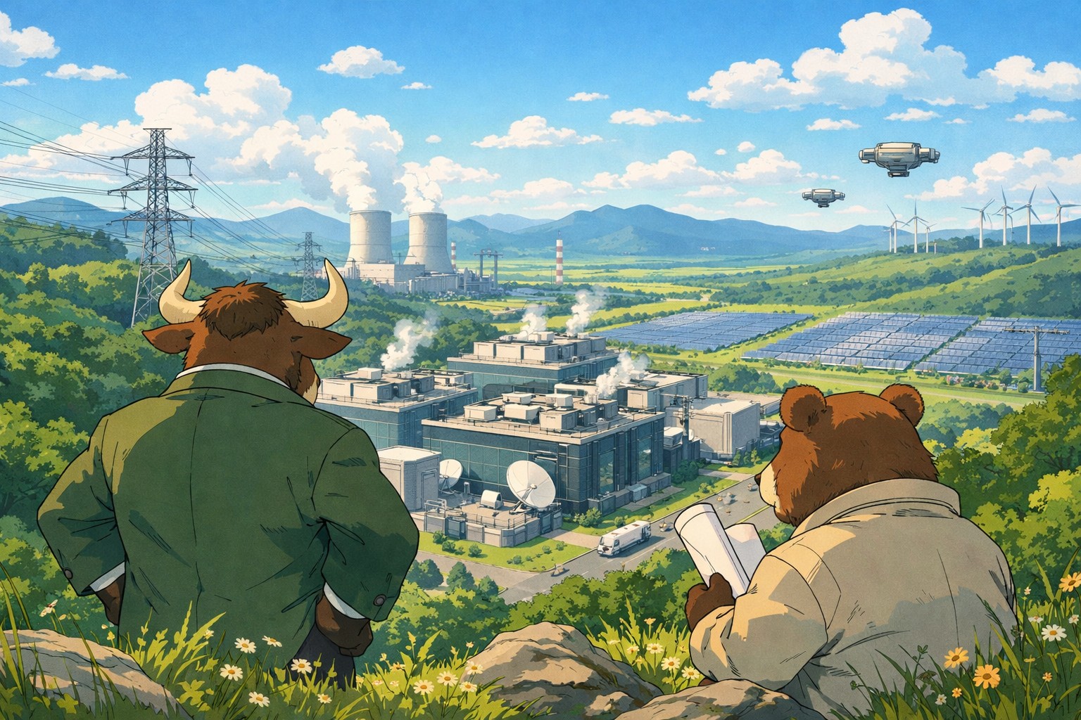 An anthropomorphic bull and bear surveying the AI buildout. 