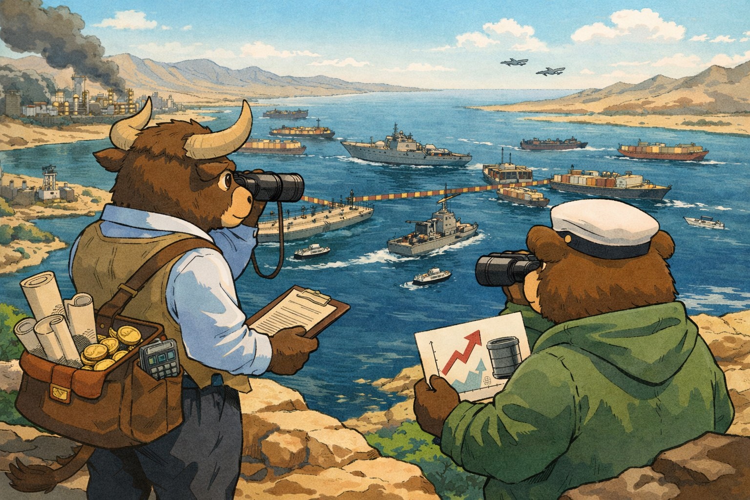 An anthropomorphic bull and bear looking out over the Strait of Hormuz.
