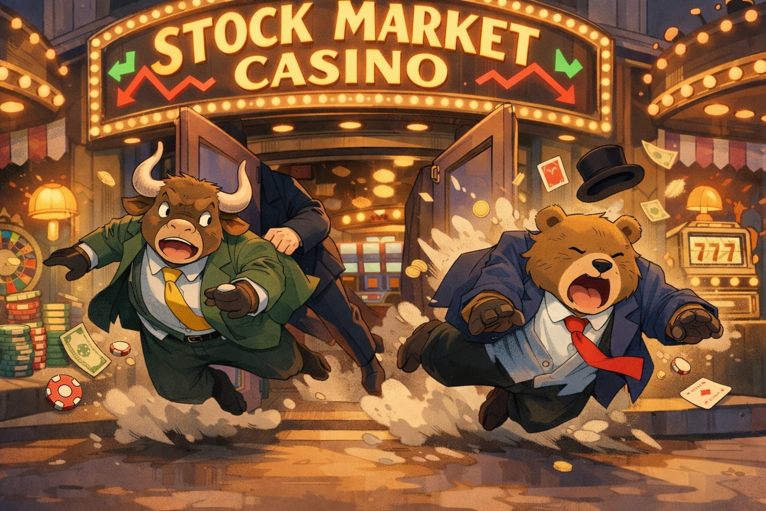 An anthropomorphic bull and bear getting tossed out of the stock market casino.