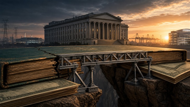 Steel truss reinforces a cracked bridge made of Treasury ledgers and bonds in front of the U.S. Treasury at dawn.