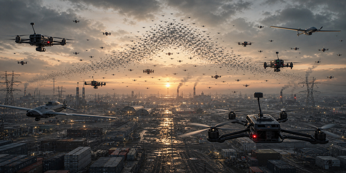 A vast swarm of military drones over an industrial landscape