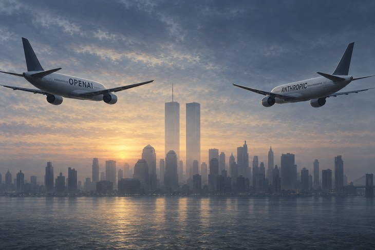 Two jets labeled OpenAI and Anthropic approach the ghostly silhouette of the Twin Towers
