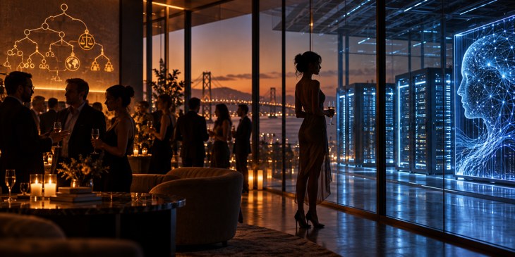 Silhouetted adult woman between an after-hours salon and an AI data center