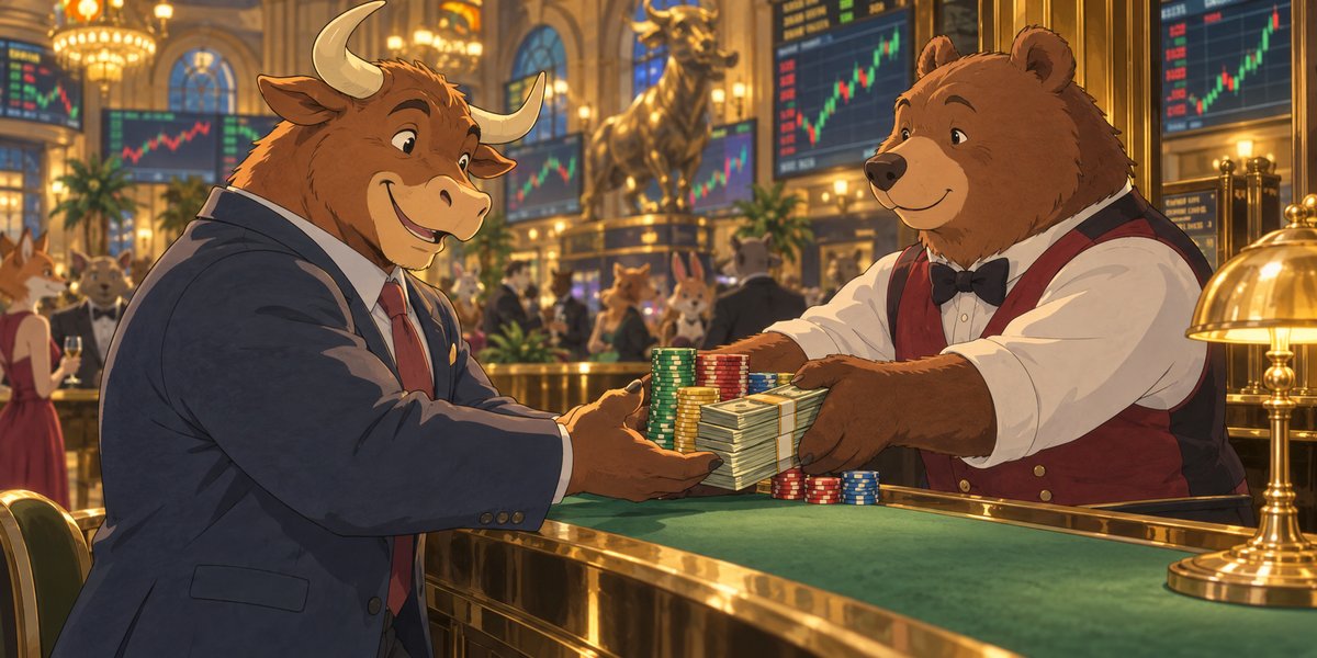 A bull collects his winnings from a bear at a stock-market casino.