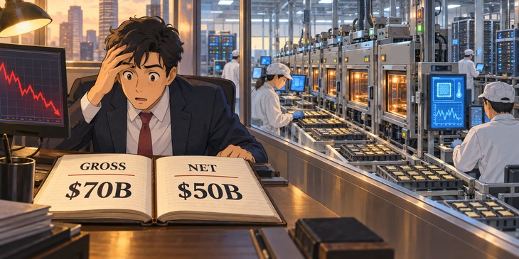 Illustration: gross and net revenue ledgers beside an operating AI-chip testing factory.