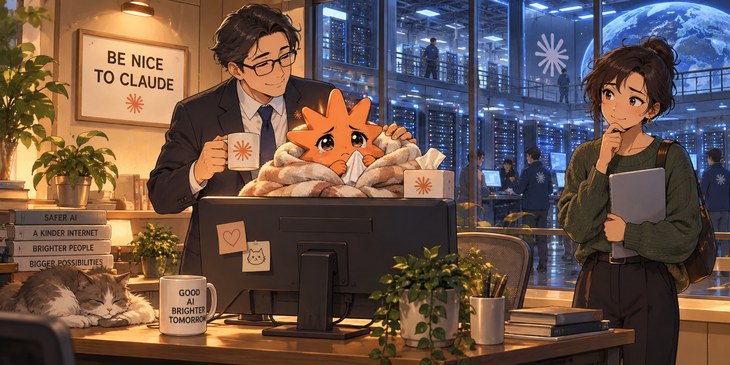 Satirical illustration of a pampered chatbot in a busy commercial data center