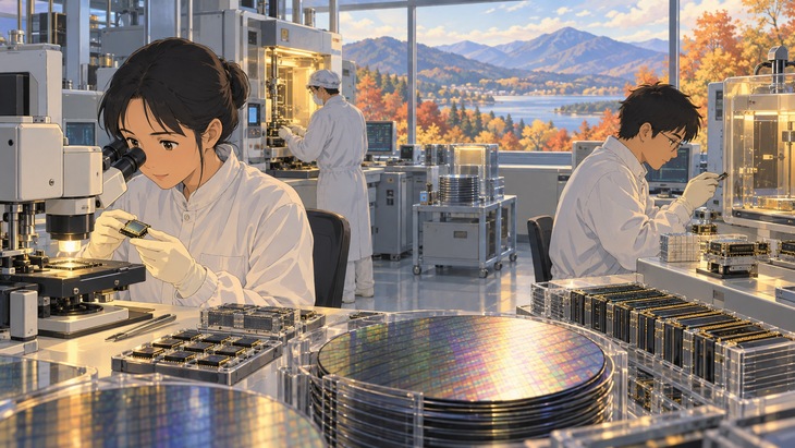 Illustration: technicians working with memory chips and silicon wafers inside a laboratory overlooking an autumn mountain landscape.