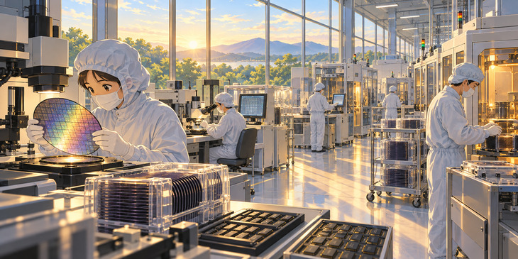 Illustration of technicians working in a sunlit memory-chip factory with large windows.