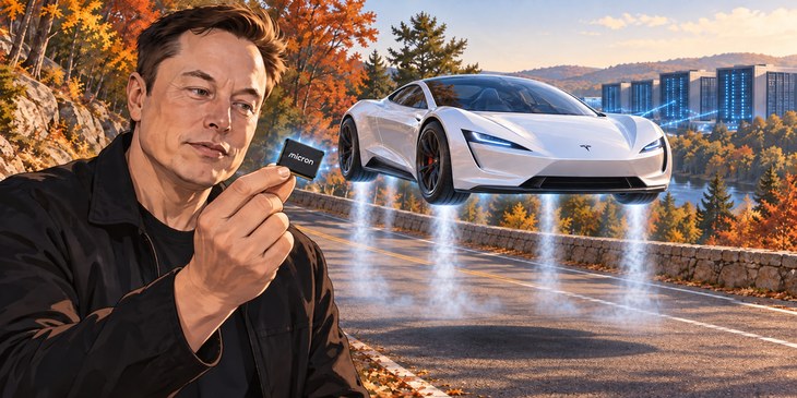Editorial illustration of Elon Musk holding a Micron memory chip beside a Tesla Roadster hovering several feet above the road