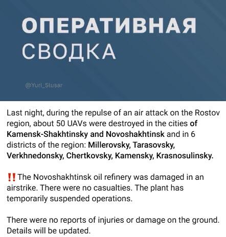 Ukraine Drone Strike Knocks Out Russia's Novoshakhtinsk Refinery