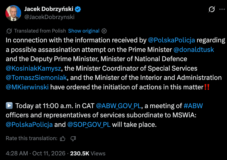 Poland Holds Emergency Security Meeting Over Suspected Plot To Assassinate PM Tusk