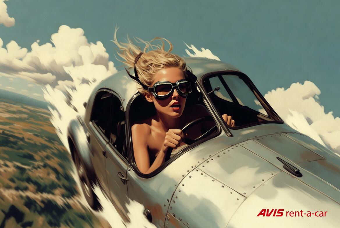 A woman driving an Avis in the sky. 