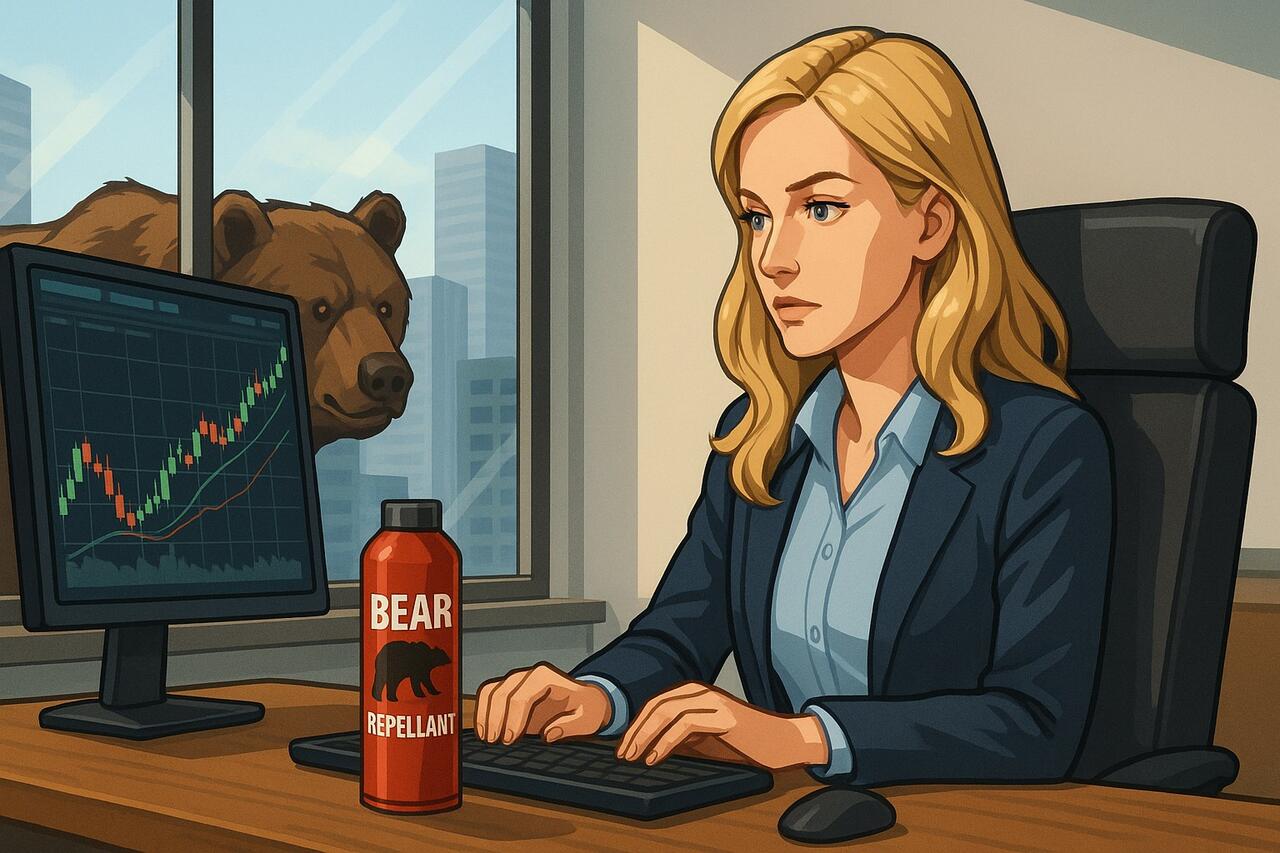 A stock trader with a can of bear repellant on her desk and a bear stalking outside her window.