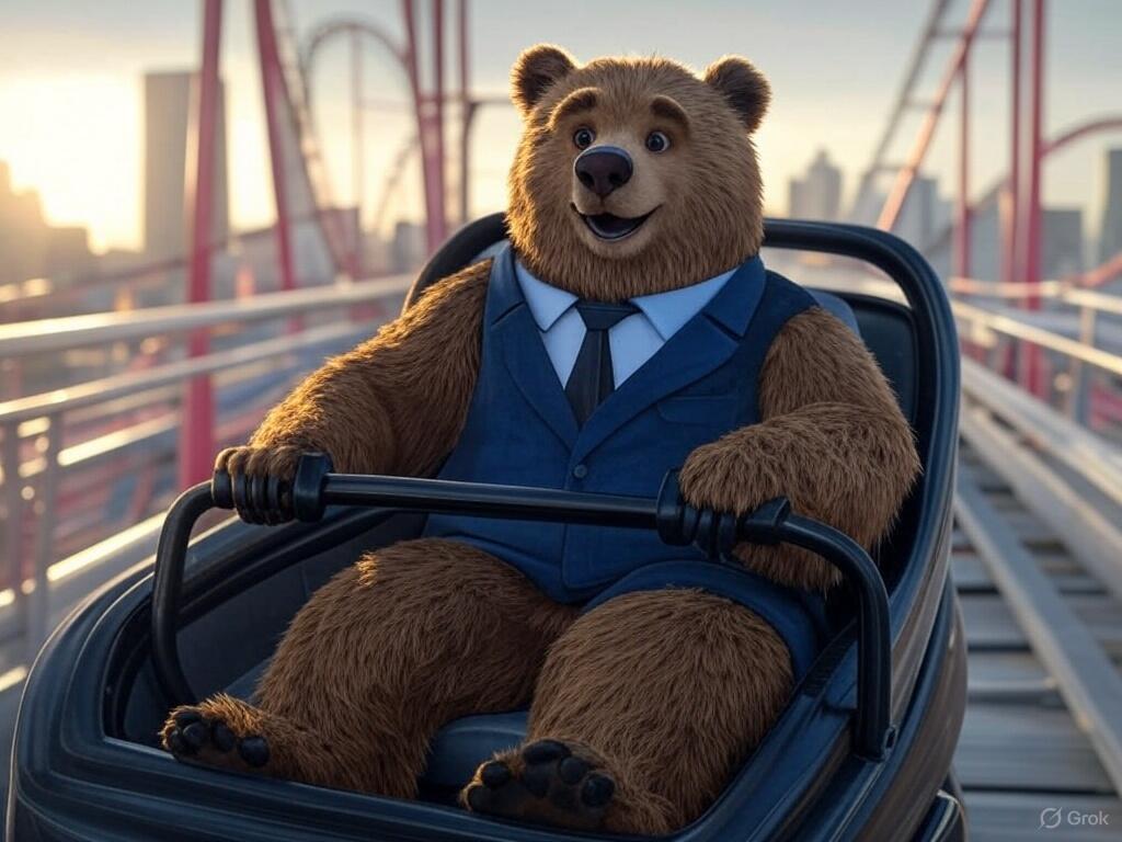 An anthropomorphic bear riding a roller coaster