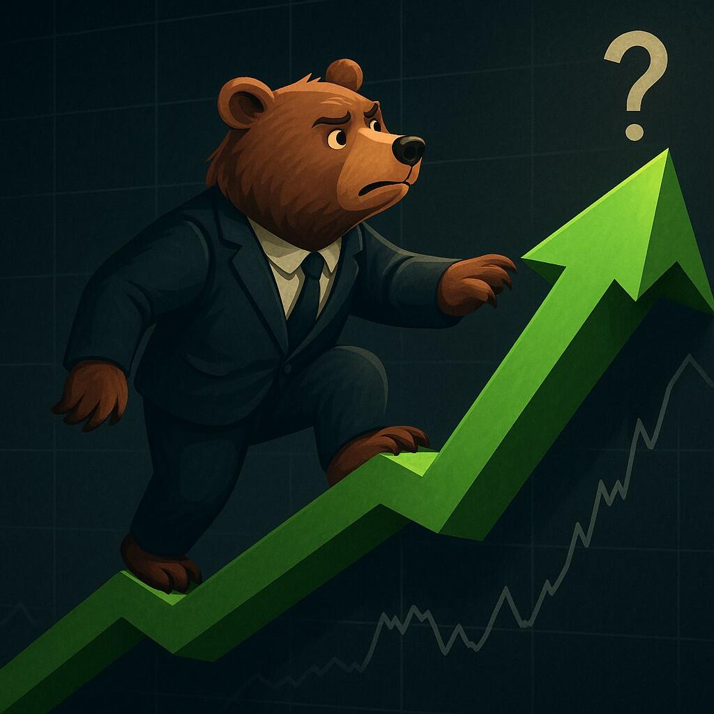 An anthropomorphic bear tentatively climbing a green arrow. 