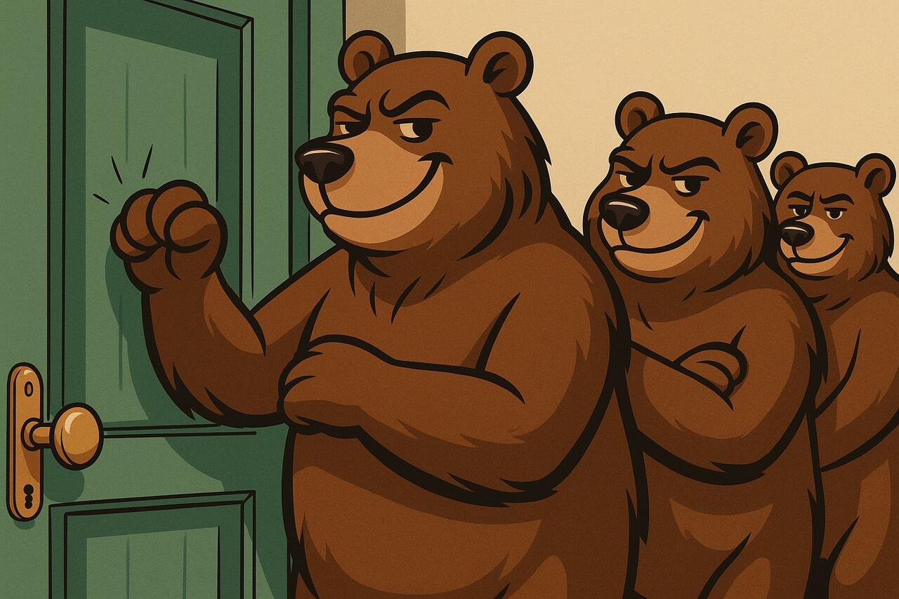 Smug bears knocking at the door. 