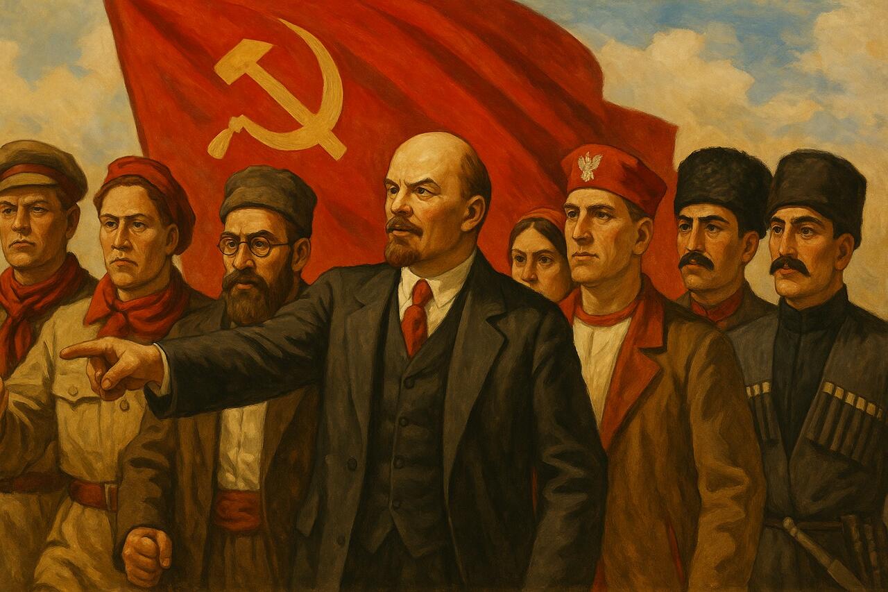 Various Russian empire ethnicities united in Bolshevism. 