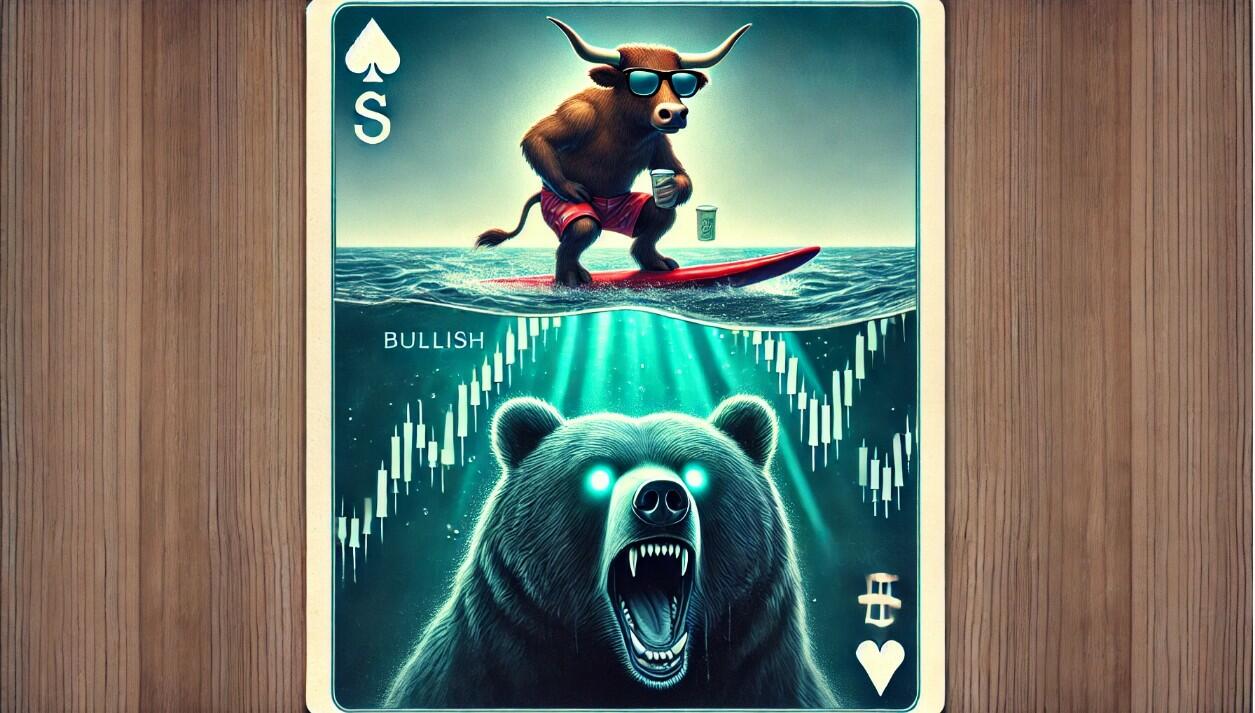 Oblivious bull surfing on the surface with a bear below. 