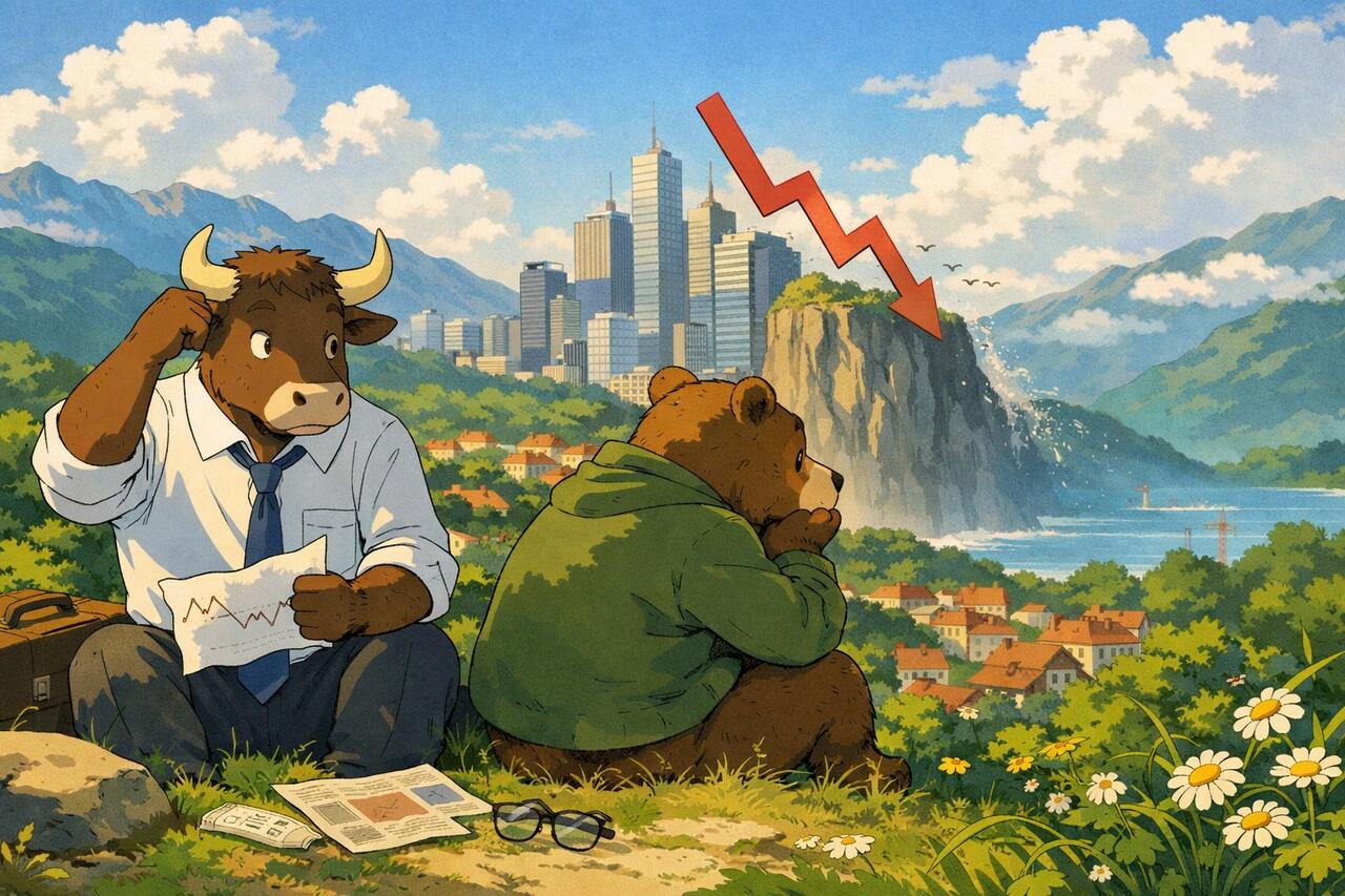 An anthropomorphic bull and bear looking out over a city while trying to call the top.