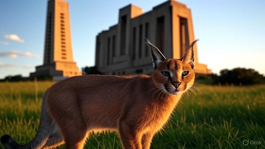 A caracal in front of a monument. 