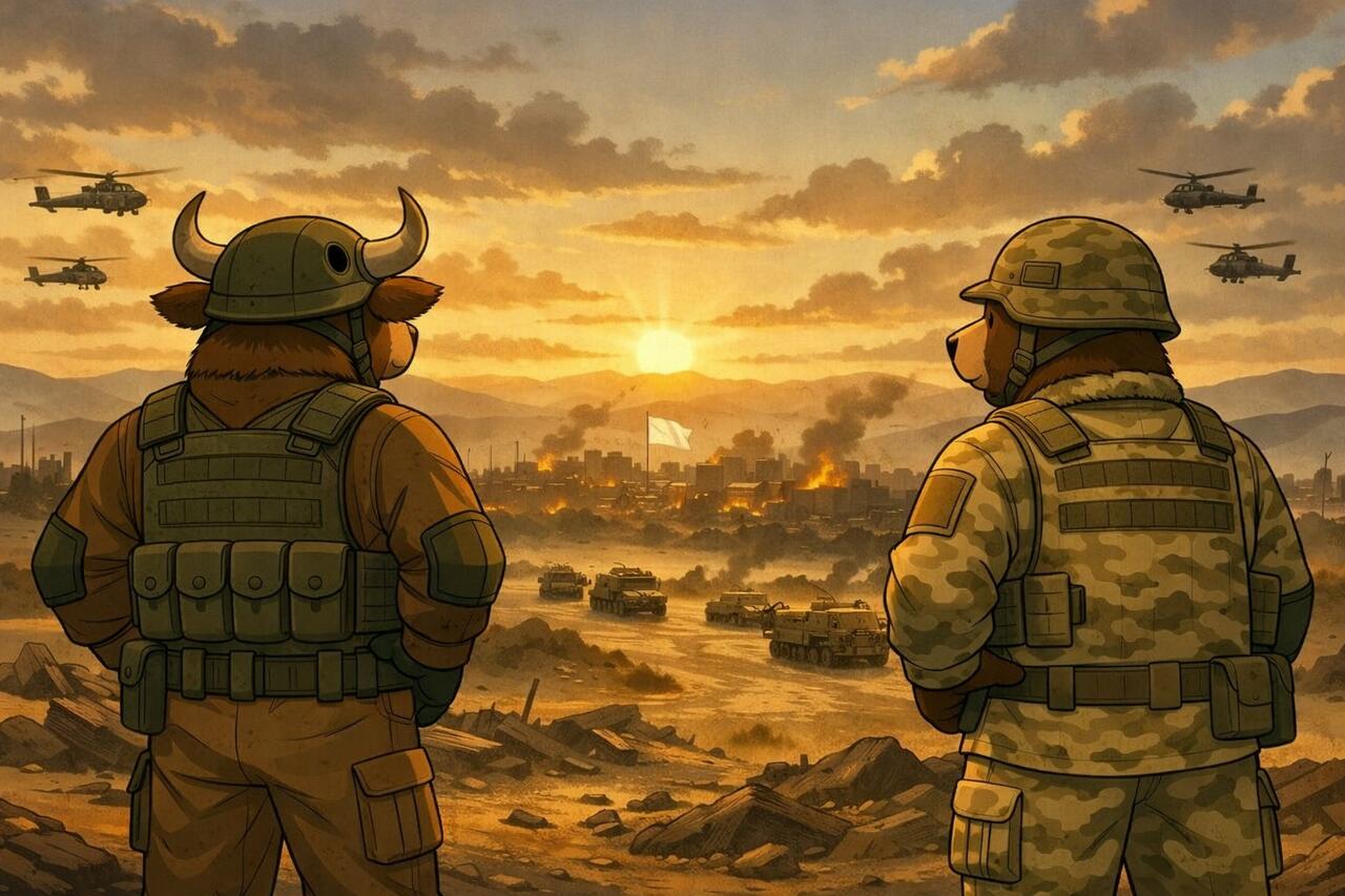 An anthropomorphic bull and bear looking out over the Strait of Hormuz.