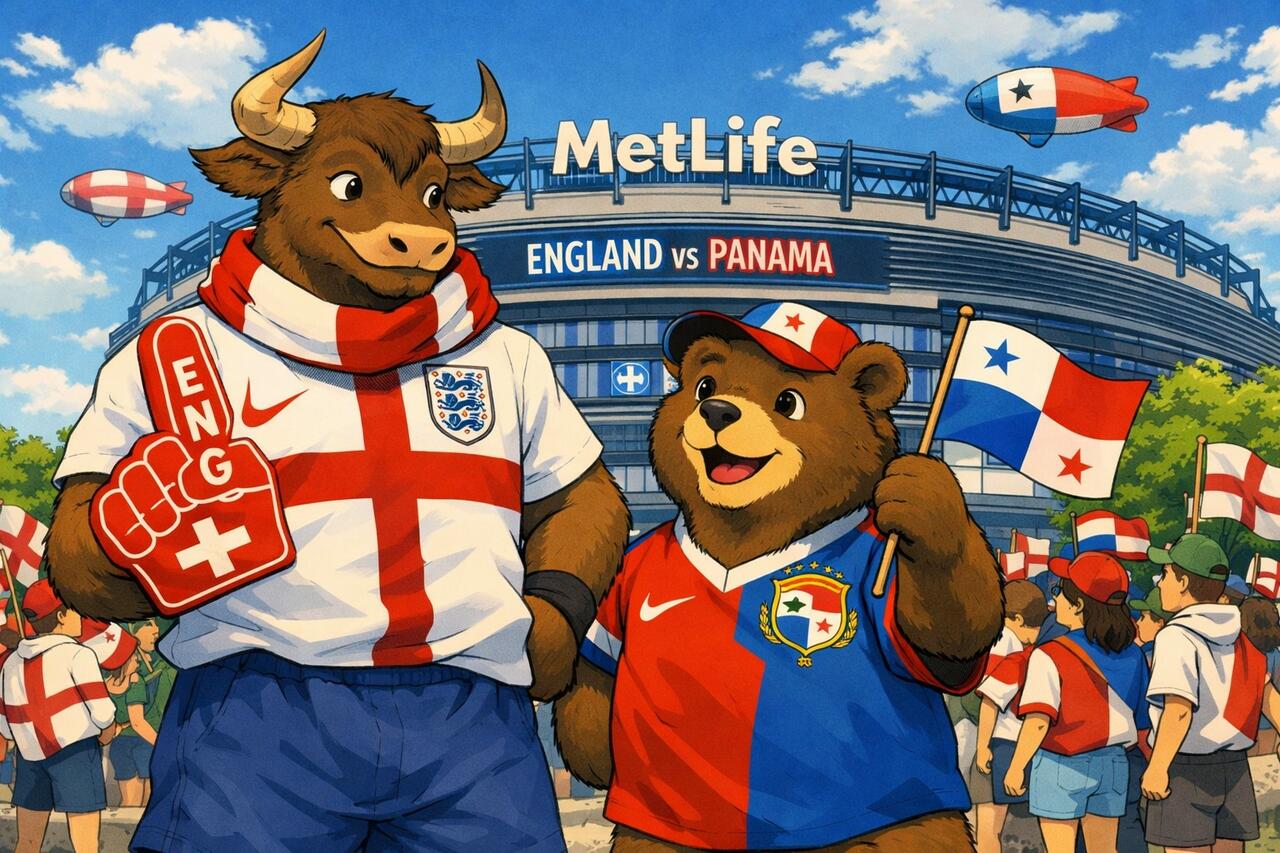A bull and bear at the England v. Panama game