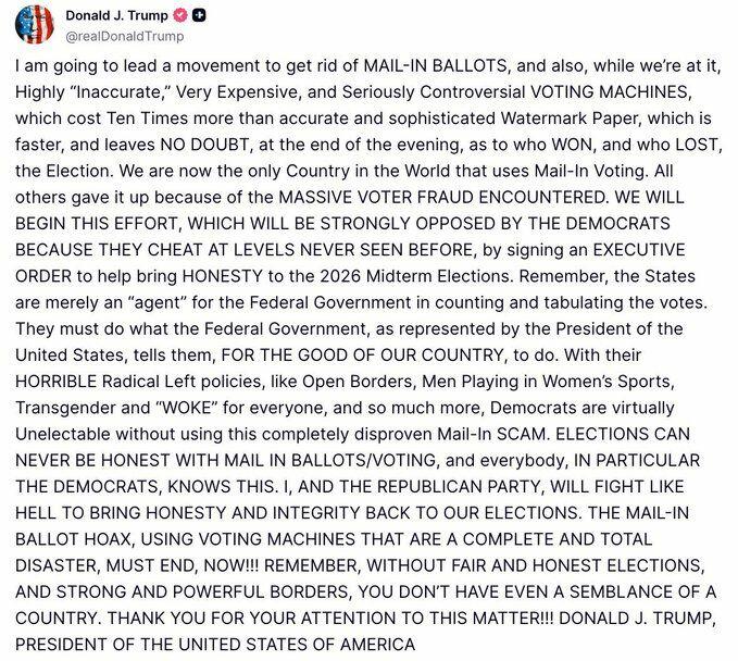 Trump Vows 'Movement' To Eliminate Mail-In Ballots Before 2026 Midterms