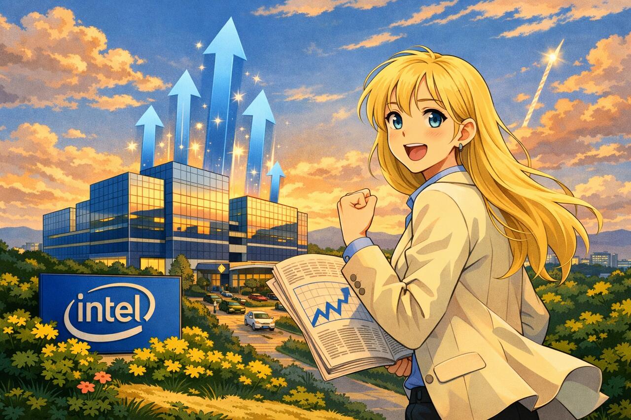 An anime girl celebrating her successful Intel trade. 