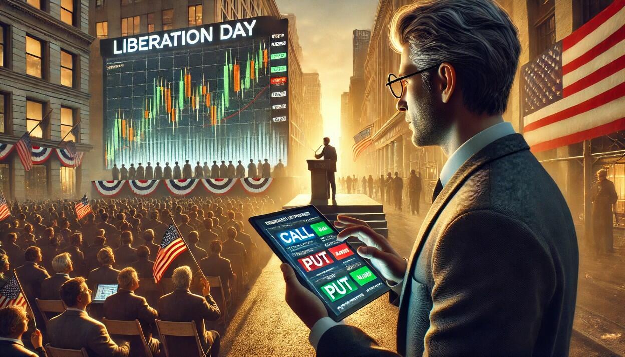 An AI image of a trader watching a speech on Liberation Day. 