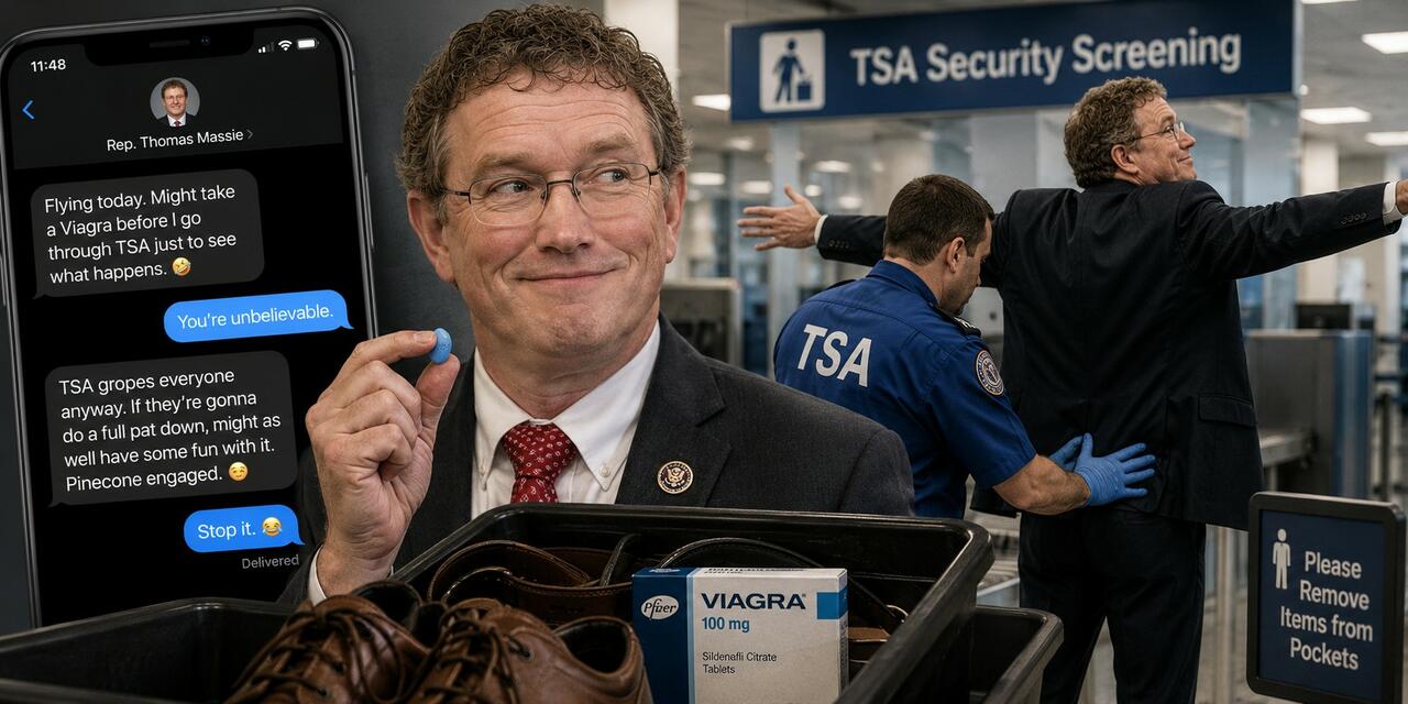 Illustration of Massie's leaked texts about taking Viagra before going through TSA frisking.