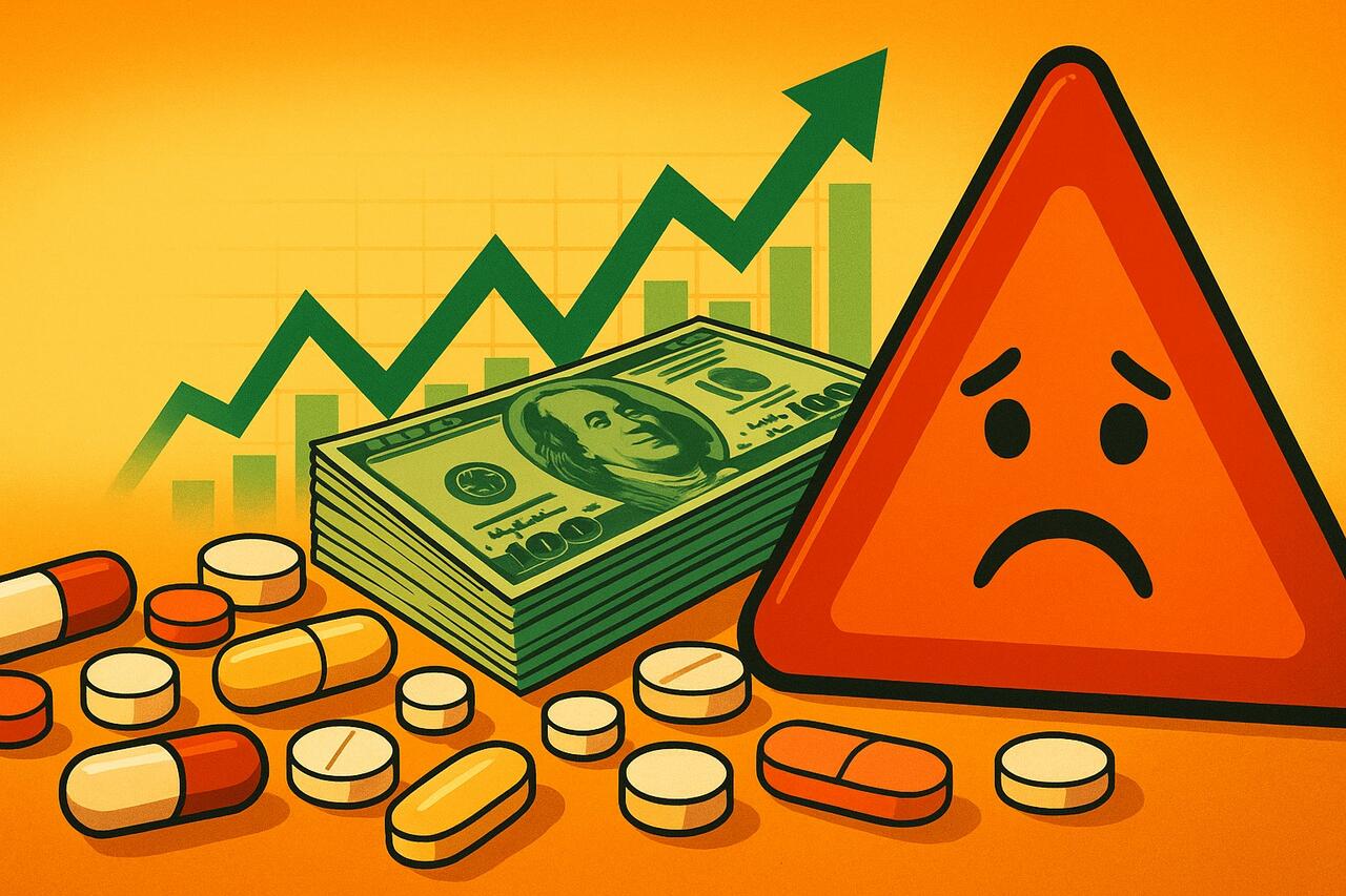 Pills and money and a green arrow and a warning.