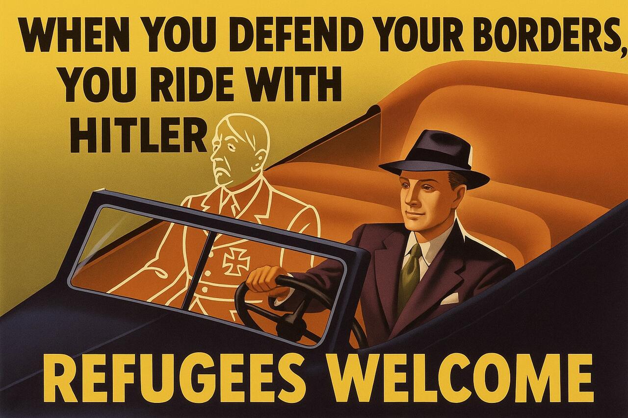 Riff on American WWII propaganda about "Riding with Hitler". 