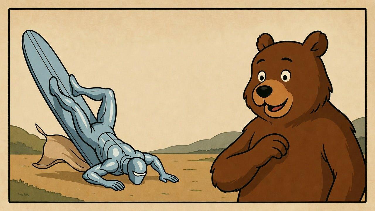 A bemused bear watching the Silver Surfer faceplant. 