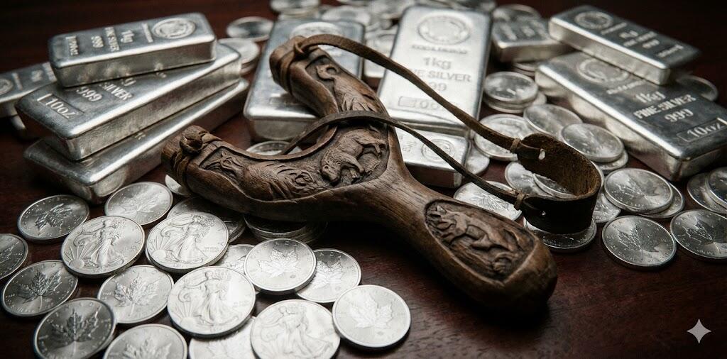 A slingshot next to silver bullion. 