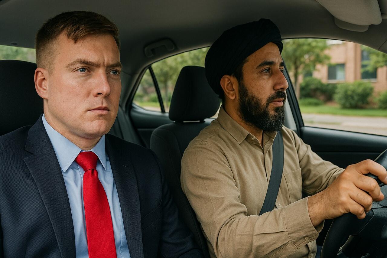 An AI's conception of Josiah Lippincott and an Afghan Uber driver.