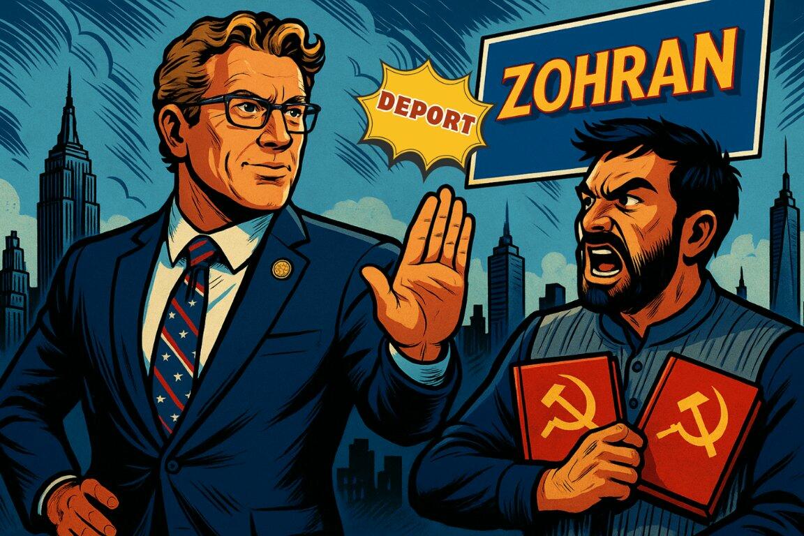 Cartoon of Zohran Mamdani getting deported