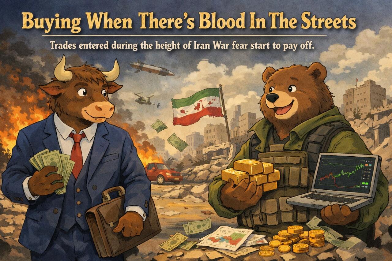 An anthropomorphic bull and bear profiting from Iran War fear.