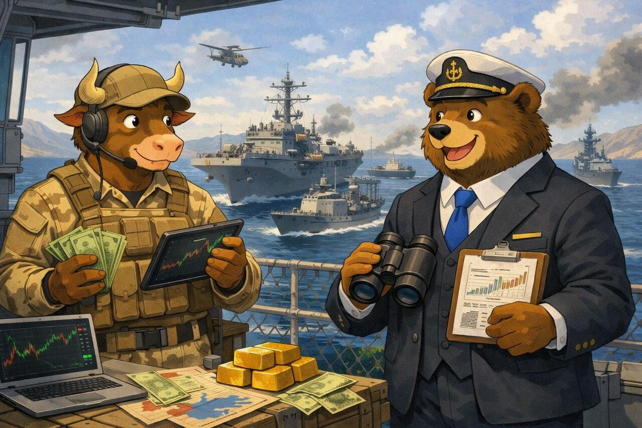 An anthropomorphic bull and bear profiting despite the naval blockade.