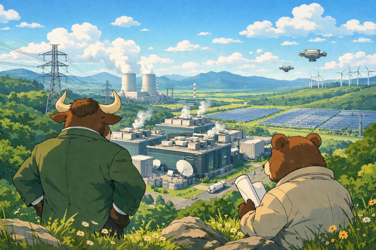 An anthropomorphic bull and bear surveying the AI buildout. 